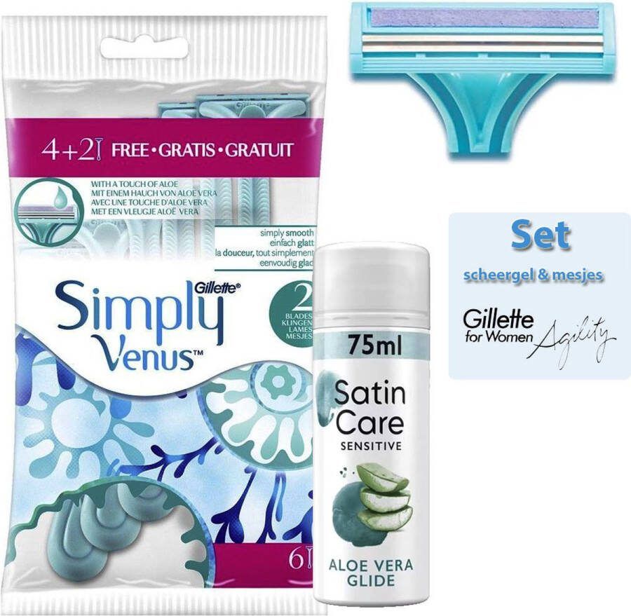 Gillette Set : Venus Wegwerpmesjes Simply Venus (6 stuks) en Satin Care scheergel met aloe vera (75 ml)