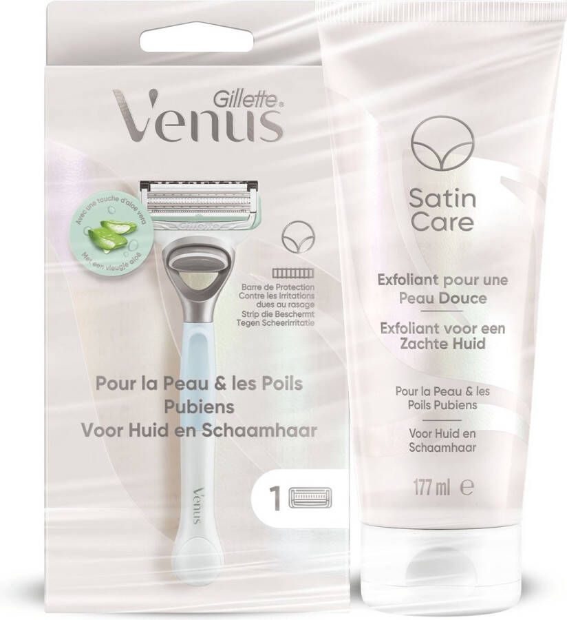 Gillette Venus set scheermes + 1 scheermesje + Satin Care exfoliant 177 ml (voor huid en schaamhaar)