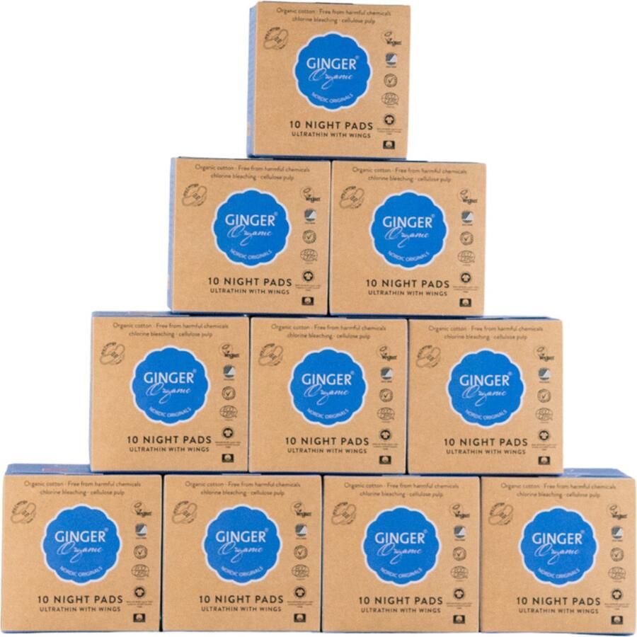 Ginger Organic Maandverband Nacht met Vleugels Voordeelverpakking Biologisch Katoen Nachtverband DryWings™ Comfort & Bescherming Huidvriendelijk