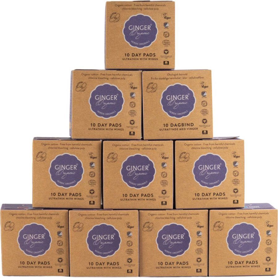 Ginger Organic Maandverband dag met vleugels 10 x 10 stuks Comfortabel maandverband Huidvriendelijk maandverband Nordic Swan Ecolabel
