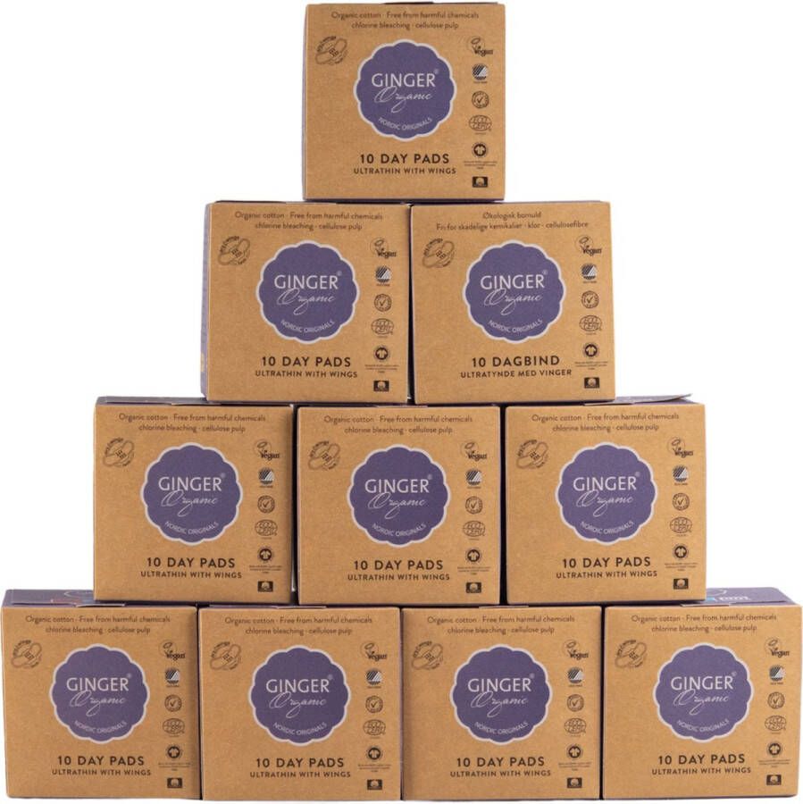 Ginger Organic maandverband dag met vleugels individueel verpakt 100 stuks 10 x 10 stuks 100% puur biologisch katoen