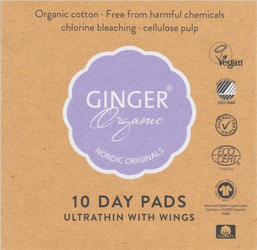 Ginger Organic Maandverband met Vleugels Dag Huidvriendelijk Absorberend GOTS-gecertificeerd