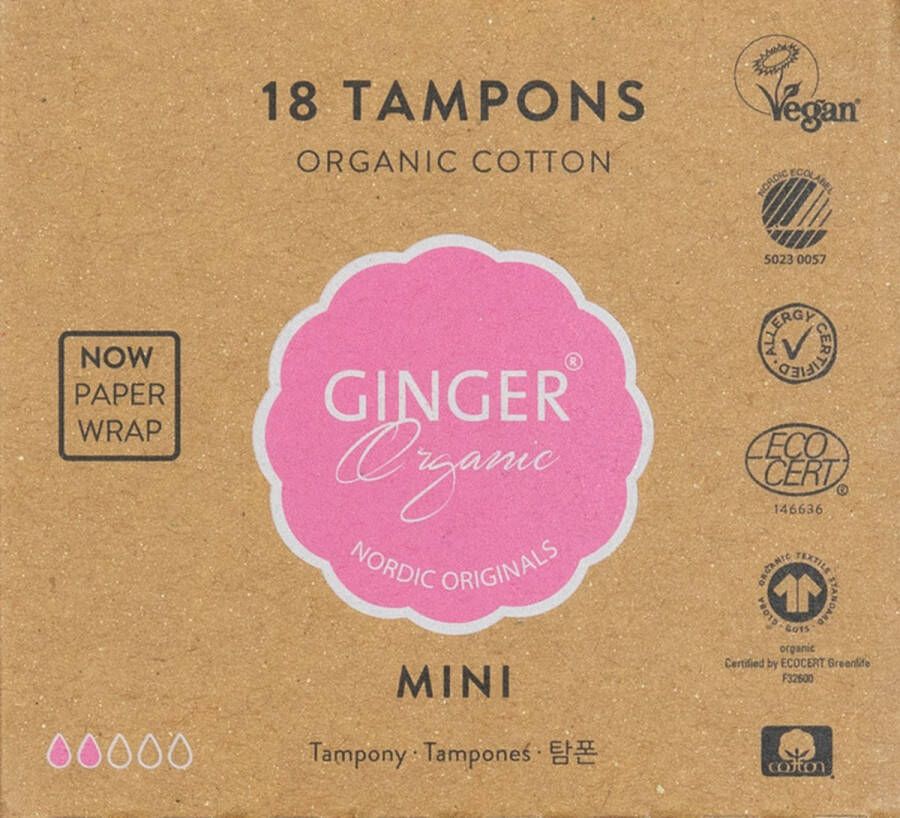 Ginger Organic Tampons 18 stuks Mini 100% biologisch katoen Cottonlock system Natuurlijke materialen