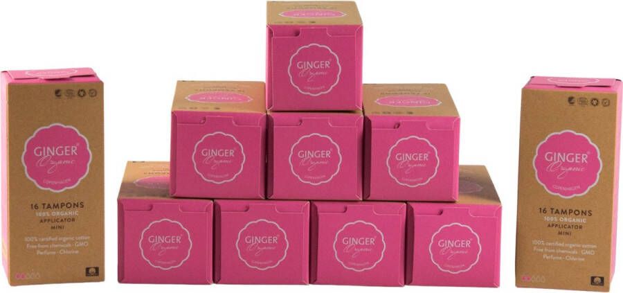 Ginger Organic tampons met applicator mini 160 stuks 10 x 16 stuks 100% puur biologisch katoen