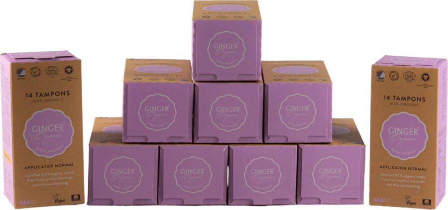 Ginger Organic tampons met applicator normaal 140 stuks 10 x 14 stuks 100% puur biologisch katoen