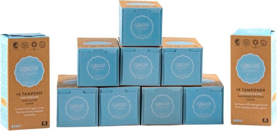 Ginger Organic Super Tampons met Applicator 10 x 14 stuks Bio Katoen Luxe Ontwerp Huidvriendelijk