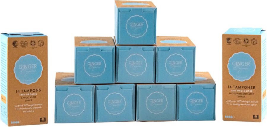 Ginger Organic tampons met applicator super 140 stuks 10 x 14 stuks 100% puur biologisch katoen