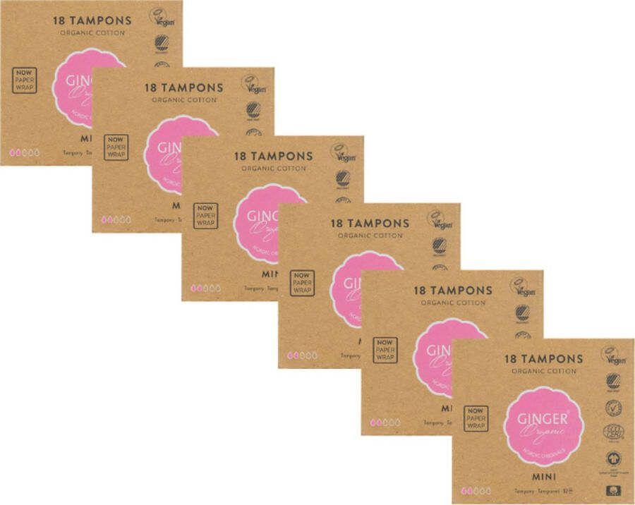 Ginger Organic Tampons Mini Voordeelverpakking 108 stuks 100% biologisch katoen Dermatologisch getest Comfortabel