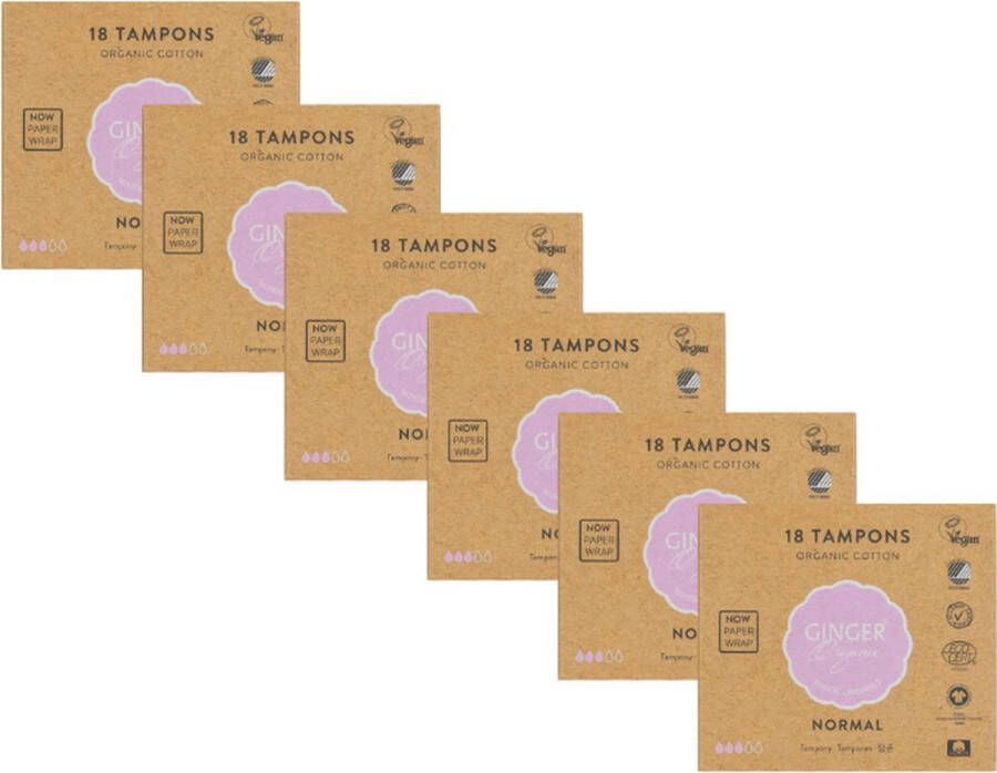 Ginger Organic tampons normaal 108 stuks 6 x 18 stuks 100% puur biologisch katoen