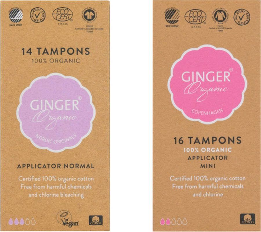 Ginger Organic Tampons Normaal + Mini Met applicator 100% biologisch katoen Comfortabel Dermatologisch getest
