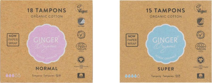 Ginger Organic Tampons Normaal + Super Biologisch Comfortabel Allergievrij