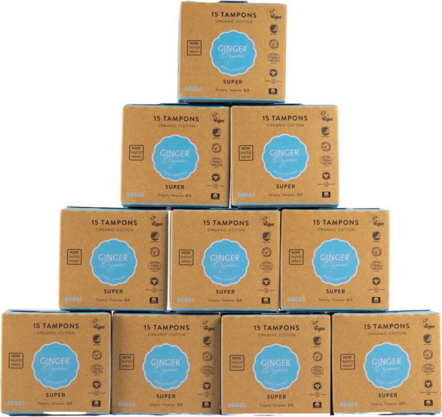 Ginger Organic tampons super 150 stuks 10 x 15 stuks 100% puur biologisch katoen