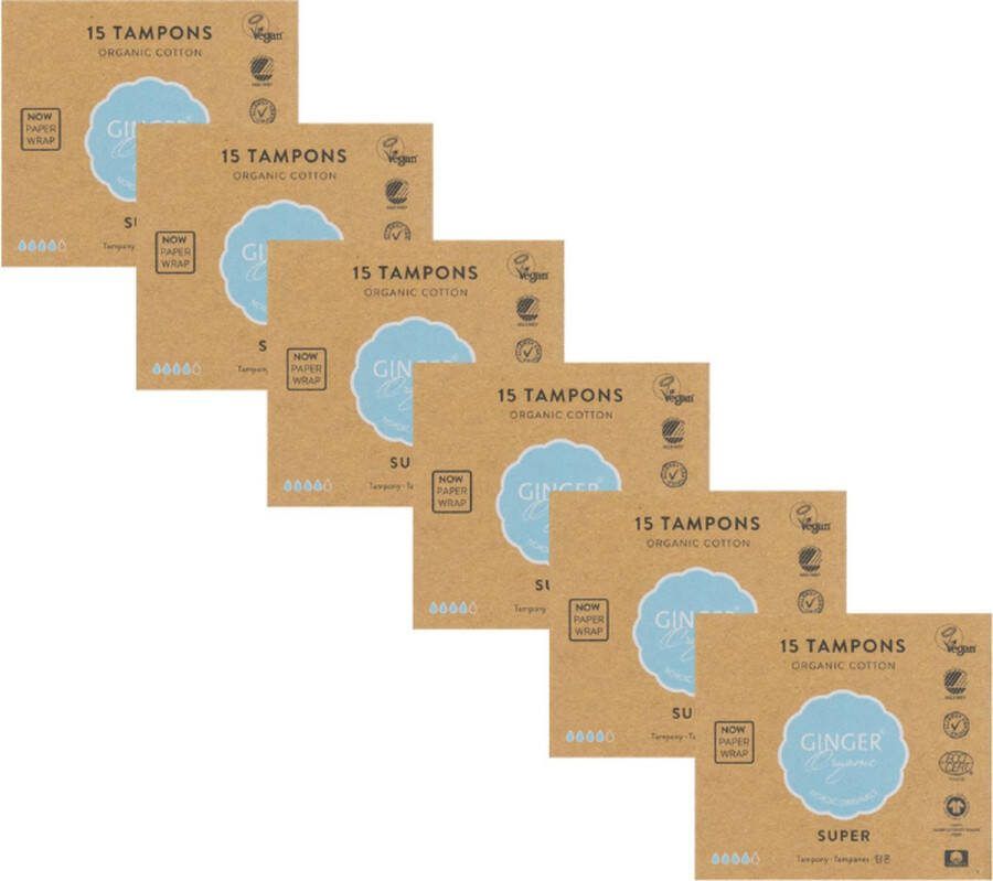 Ginger Organic Tampons Super 90 stuks (6 x 15) stuks 100% puur biologisch katoen
