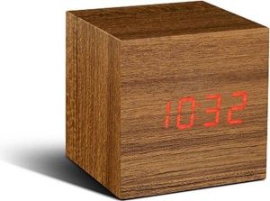 Gingko Cube Clock Teak Red LED