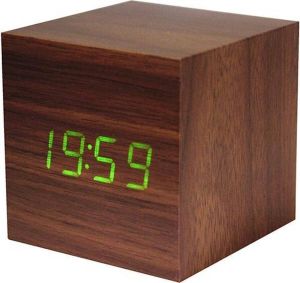 Gingko Wekker Alarmklok Cube Click Clock walnoot groene LED