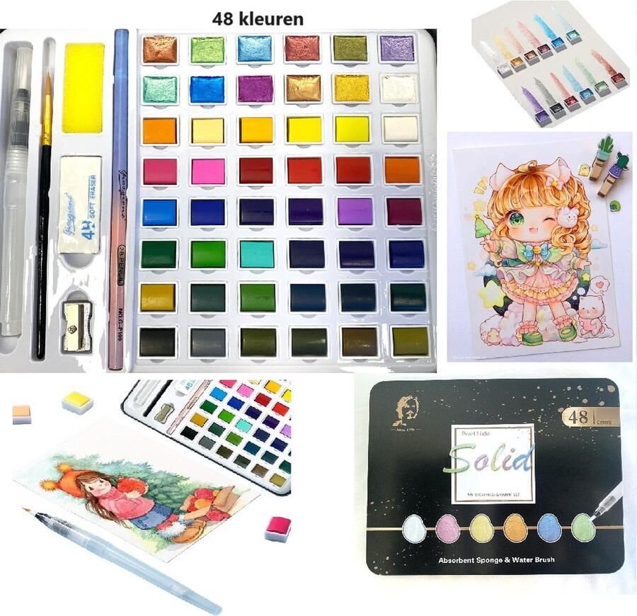 Gioigione Professionele Aquarelverf set-Waterverf-48 kleuren met 1*waterbrush & 1*Pensel & 1*spon & 1*gom & 1*potlood & 1*Puntenslijper-Bevat12 Metallic-Gemakkelijk te kleuren-Gemakkelijk te renderen-Voor Volwassenen & Kinderen-Verwijderbare aquareldoos