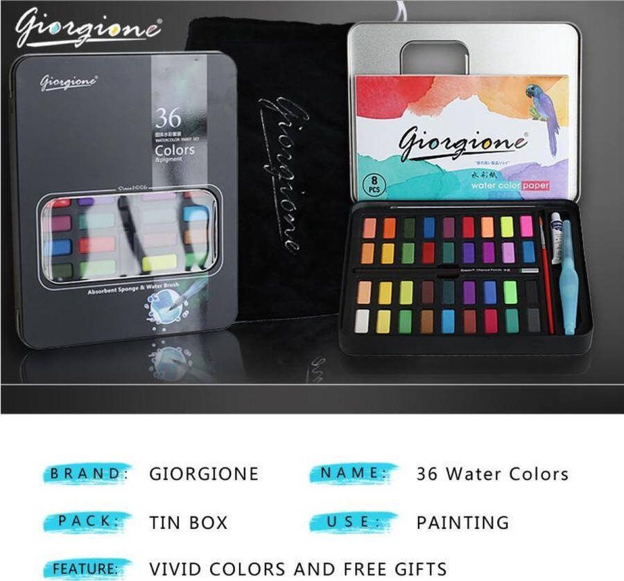 Giorgione Aquarelverf Starters set met 36 kleuren – Aquarel – Hobby Schilderen – Penseelstift Waterkwast – Zwart