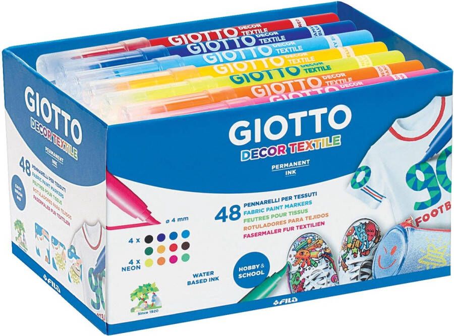 Giotto Decor Textile textielstiften schoolpack met 48 stuks in geassorteerde kleuren 4 stuks