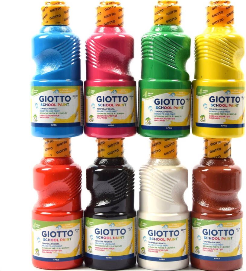 Giotto Set van 8 Kleuren Acrylverf Temperaverf Ideaal voor Schoolverf en Waterverf 250 ml Flessen Geschikt voor Kinderen vanaf 6 jaar en Volwassenen Topkwaliteit Waterverf set