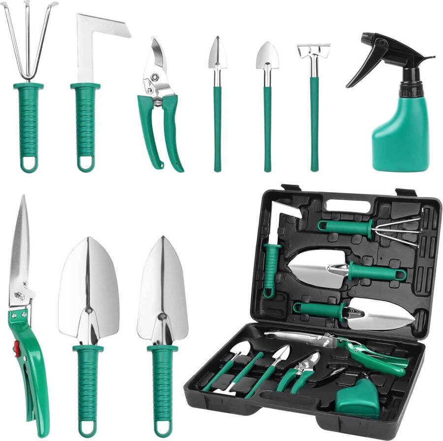 GIOVARA 10-delige tuingereedschapset met draagtas inclusief transplanter hark snoeischaar grasschaar schop en watersproeifles tuingeschenkset