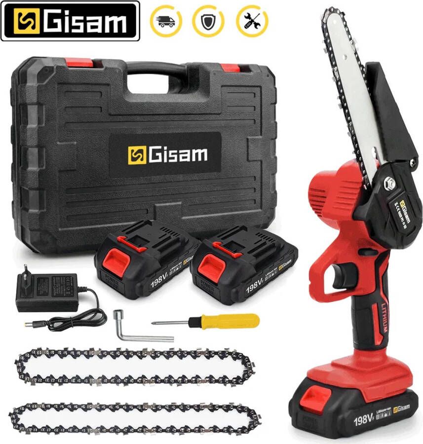 Gisam Elektrische Kettingzaag Oplaadbaar 2 Batterijen 6 Inch Red