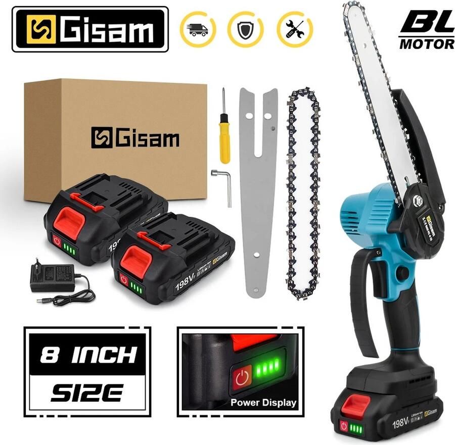 Gisam Elektrische Kettingzaag Oplaadbaar 2 Batterijen 6 Inch Blauw