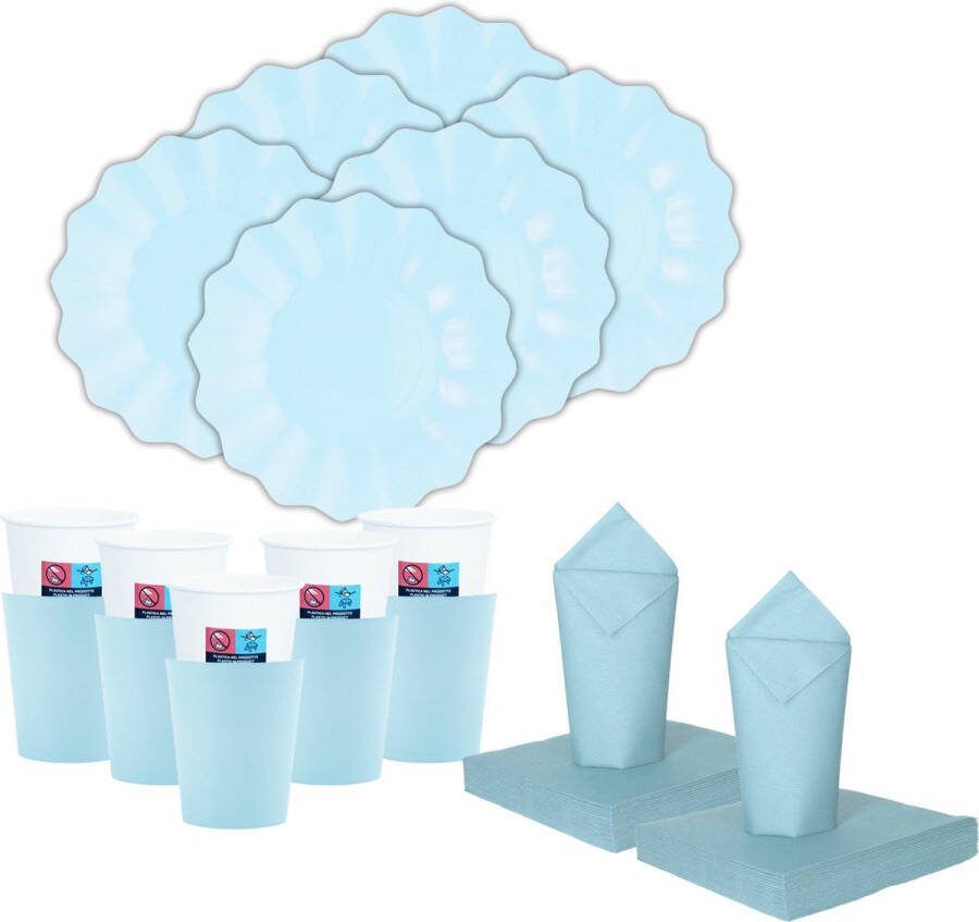 Givi Italia Feest BBQ bordjes bekertjes servetten set New Wave 16 personen babyblauw papier karton
