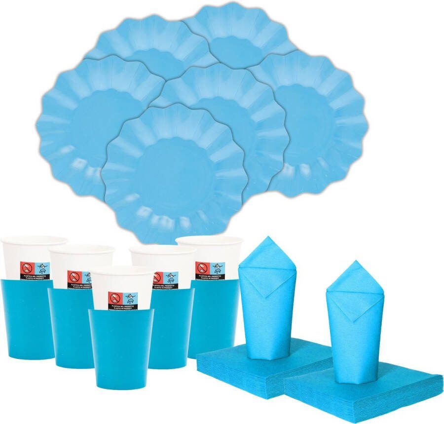 Givi Italia Feest BBQ bordjes bekertjes servetten set New Wave 16 personen turquoise blauw papier karton
