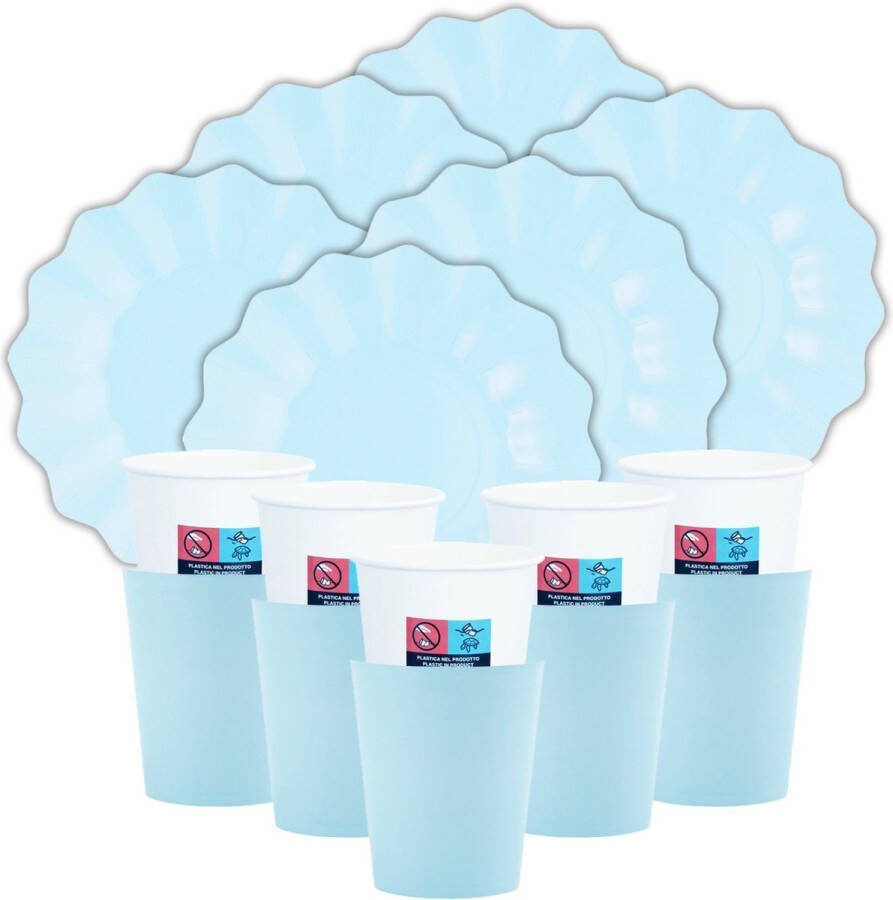 Givi Italia Feest verjaardag gebaksbordjes bekertjes set New Wave 32-delig babyblauw papier karton