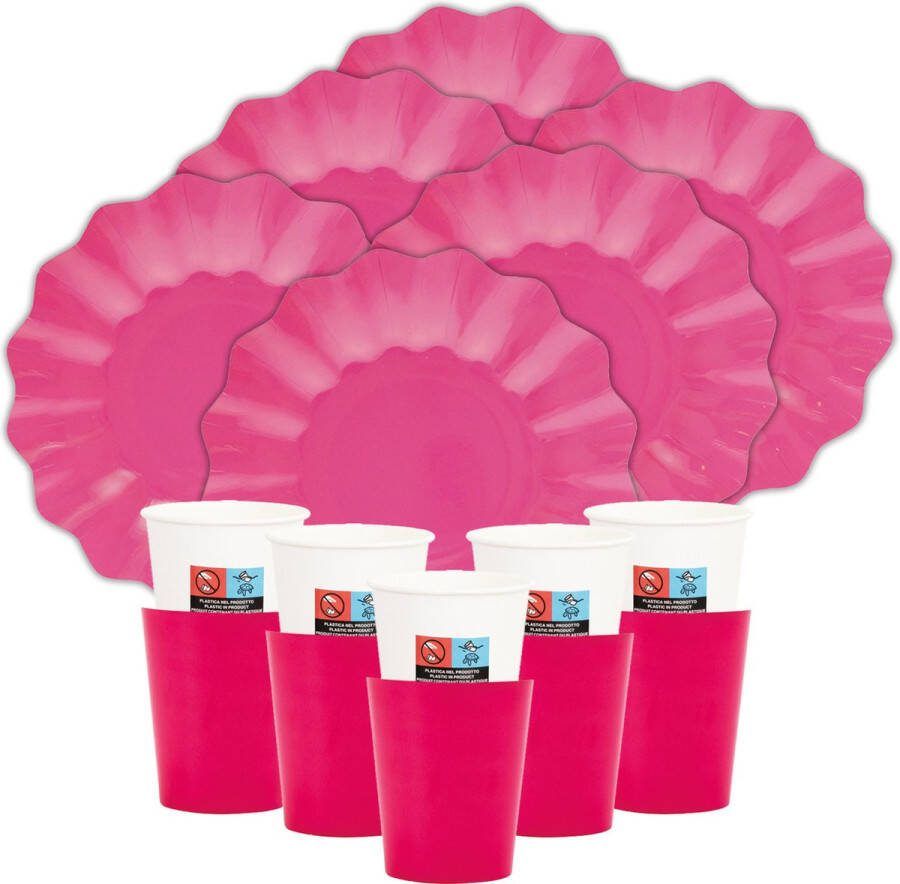 Givi Italia Feest verjaardag gebaksbordjes bekertjes set New Wave 32-delig fuchsia roze papier karton