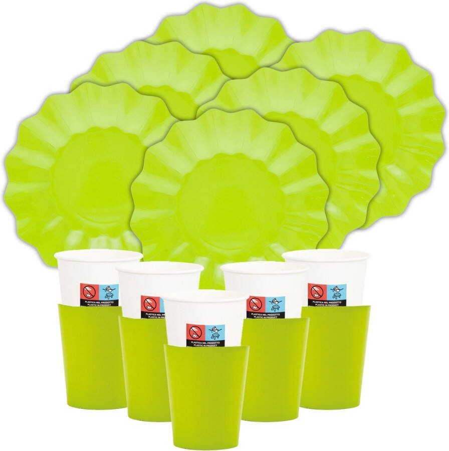 Givi Italia Feest verjaardag gebaksbordjes bekertjes set New Wave 32-delig limegroen papier karton
