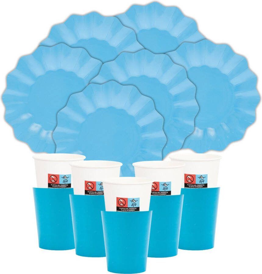 Givi Italia Feest verjaardag gebaksbordjes bekertjes set New Wave 32-delig turquoise blauw papier karton