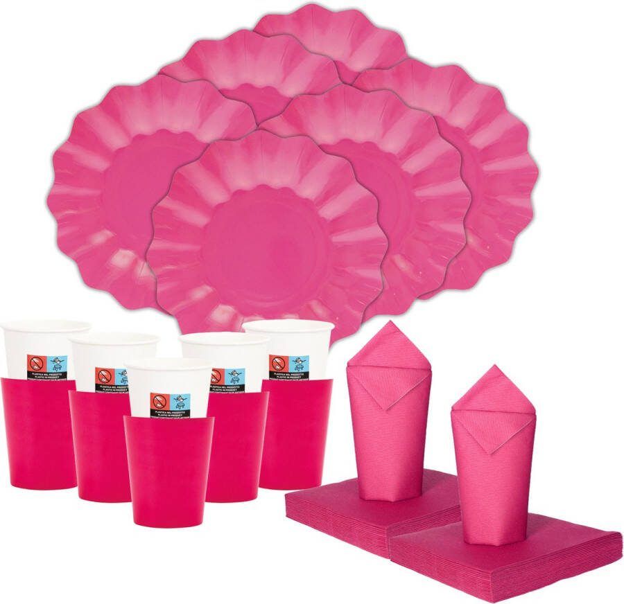 Givi Italia Feest verjaardag gebaksbordjes bekertjes servetten set New Wave 16 personen fuchsia roze papier karton