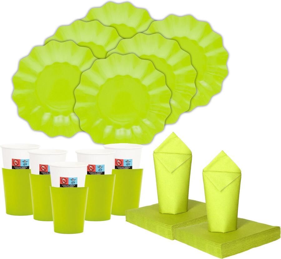 Givi Italia Feest BBQ bordjes bekertjes servetten set New Wave 16 personen lime groen papier karton