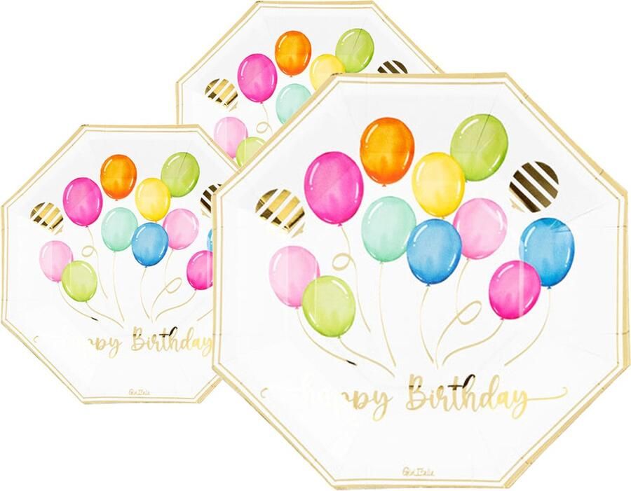 Givi Italia Feestbordjes gebaksbordjes 24x ballonen thema 8-hoekig papier karton 19 cm biologisch afbreekbaar
