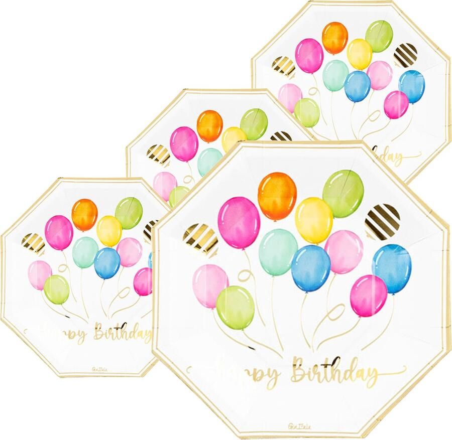Givi Italia Feestbordjes gebaksbordjes 32x ballonen thema 8-hoekig papier karton 19 cm biologisch afbreekbaar
