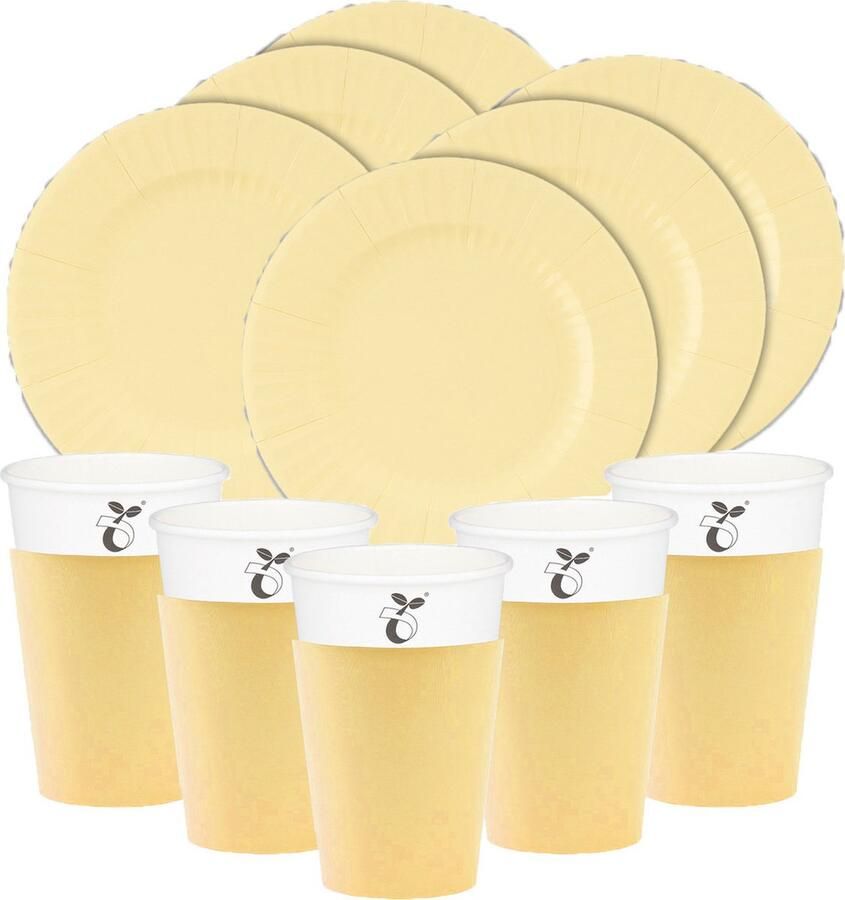 Givi Italia Feest verjaardag gebaksbordjes bekertjes set 32-delig lichtgeel papier karton