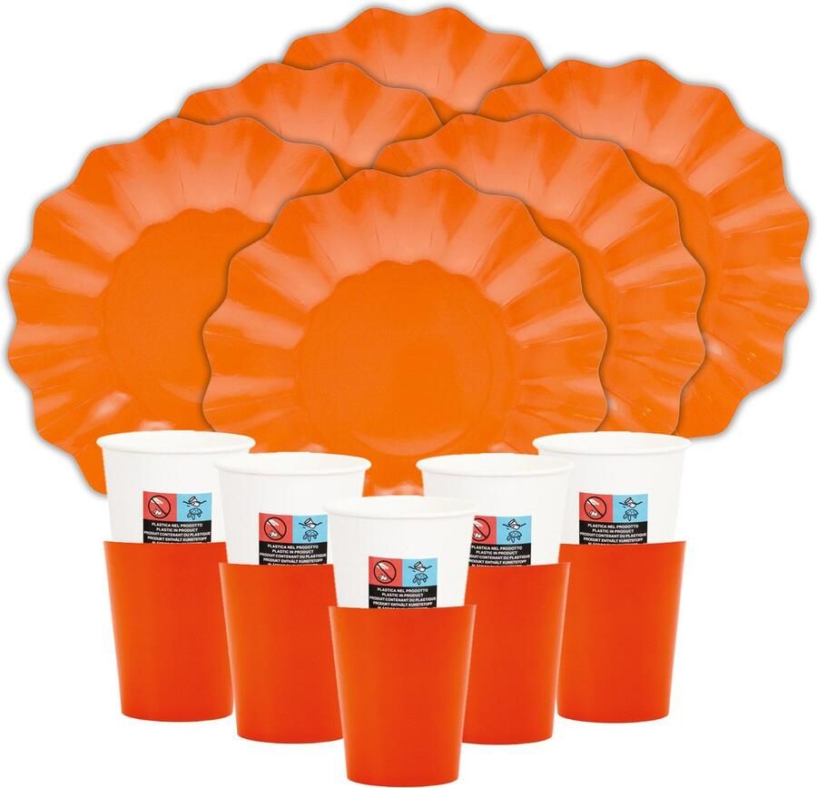 Givi Italia Feest verjaardag gebaksbordjes bekertjes set New Wave 32-delig oranje papier karton