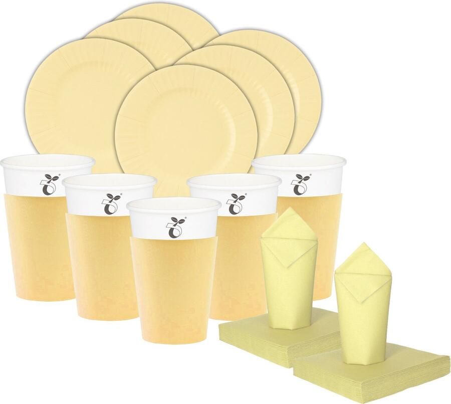 Givi Italia Feest verjaardag gebaksbordjes bekertjes servetten set 16 personen lichtgeel papier karton