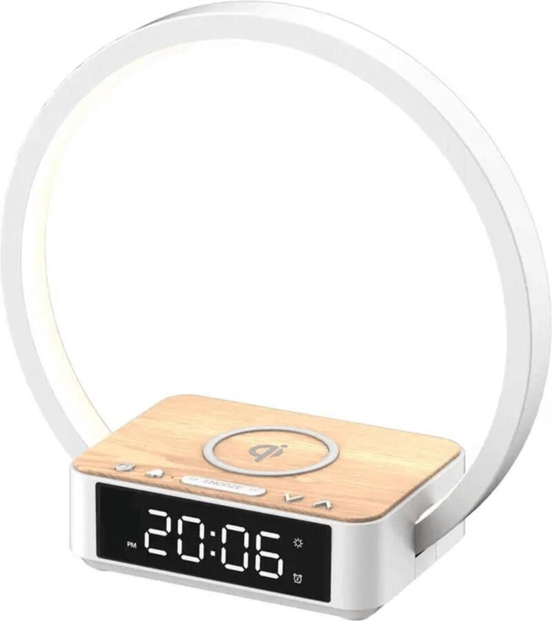 GIZMO 4 in 1 Wake up light Lichtwekker Digitale wekker Draadloze oplader Leeslamp Nachtlamp Wit hout