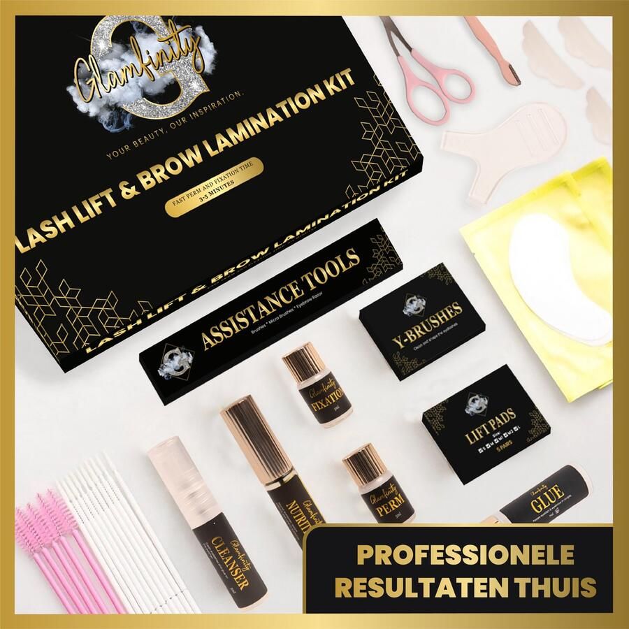 Glamfinity Lash Lift & Brow Lamination Kit Wimperlifting Set Extra Sterke Lijm Nieuwe Formule Korte Inwerktijd 3-5 minuten