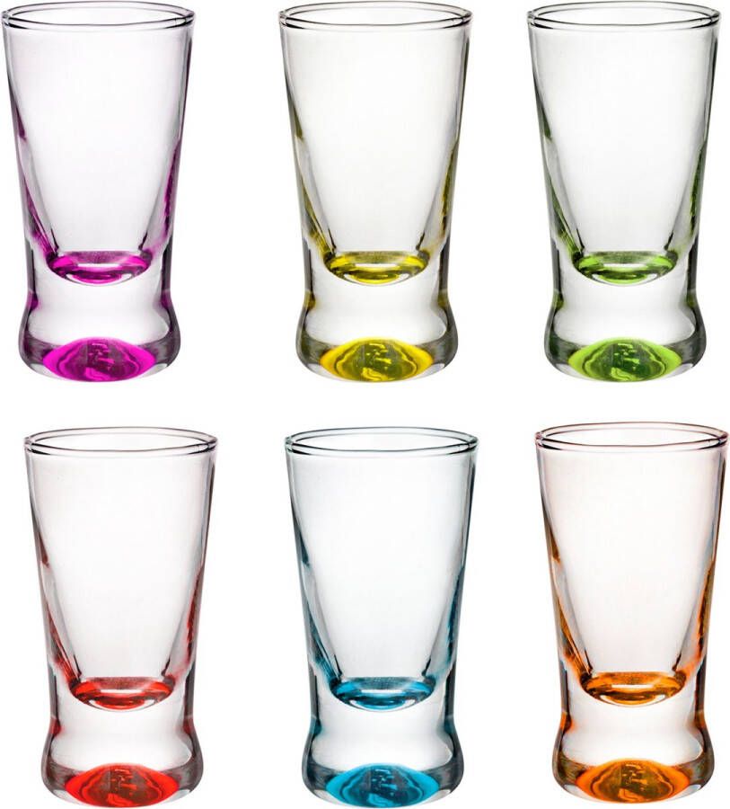 GlassMark Glasmark Shotglaasjes borrelglazen glas gekleurde onderzijde 12x stuks 25 ml Drinkglazen