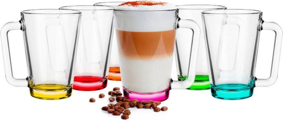 Glasmark Theeglazen koffie glazen met gekleurde basis transparant glas 12x stuks 300 ml