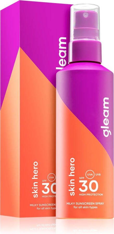 Gleam zonnebrand heerlijk ruikende zonnecrème 200 ml factor 30 zonnespray voor elk type huid vegan based sunprotector Milky Sunscreen Spray