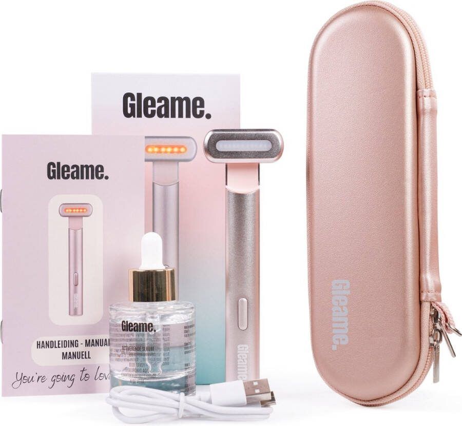 Gleame. Skincare set Huidverbeteraar serum en travel case Huidverjonging Rood lichttherapie blauw lichttherapie EMS microstroom