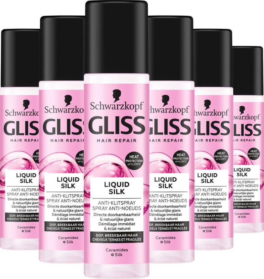 Gliss Kur Liquid Silk Gloss Anti-klit spray 6 x 200 ml voordeelverpakking