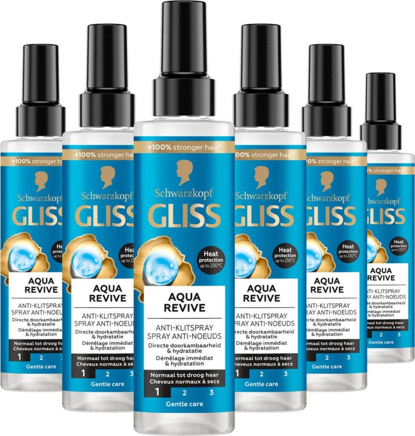 Gliss Aqua Revive Anti-Klit Spray Haarverzorging Leave-in-Conditioner 6x 200 ml Voordeelverpakking 6x 200 ml