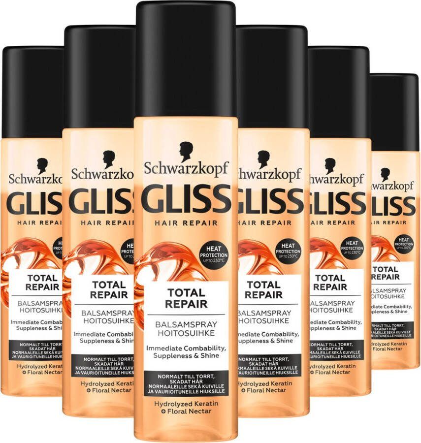 Gliss Schwarzkopf Anti-Klit Spray Total Repair 19 Haarverzorging Leave-in-Conditioner 6x 200 ml Voordeelverpakking