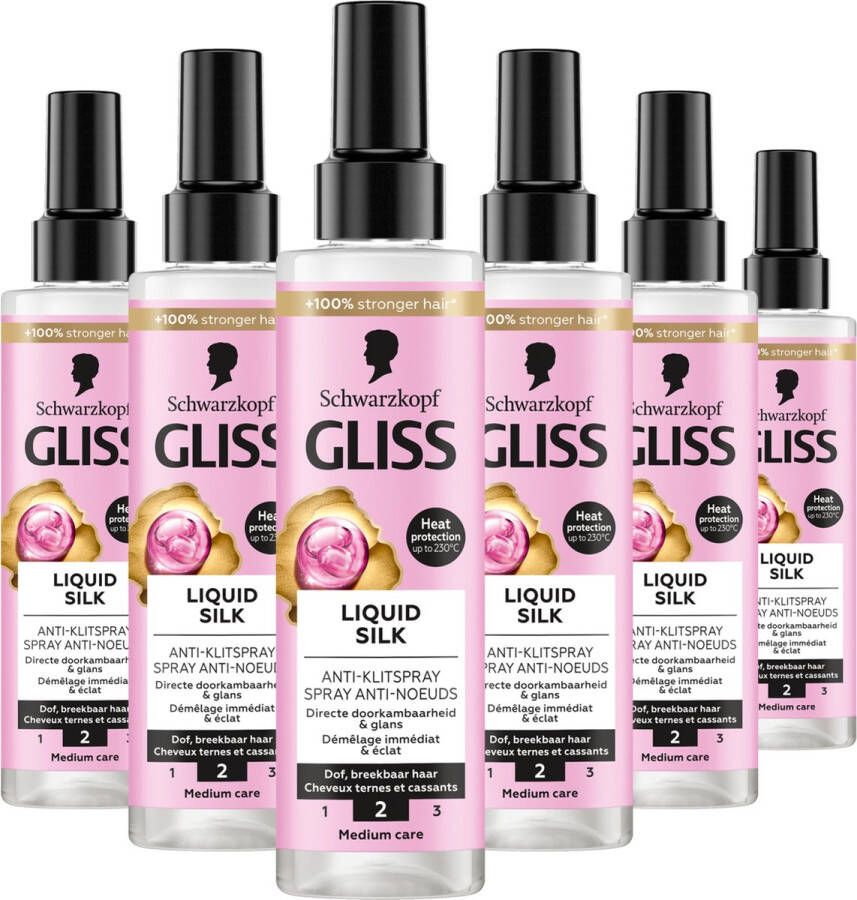 Gliss Liquid Silk Gloss Anti-Klit Spray Haarverzorging Voordeelverpakking 6 x 200 ml