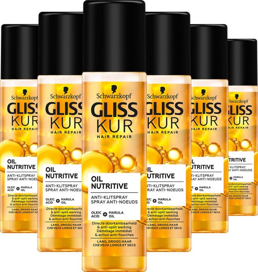Gliss Oil Nutritive Anti-klit Spray Haarverzorging Voordeelverpakking 6 x 200 ml